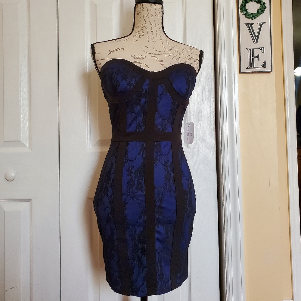 Windsor Royal Blue and Black Lace Strapless Mini Dress